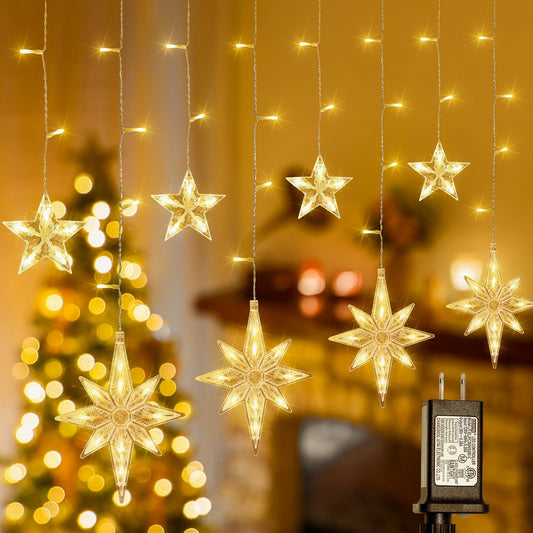 BEEWIN 126 LED Star Icicle Lights,7.8ft Connectable Window Curtain Lights Plug in,8 Lighting Modes Timer Bethlehem Star Christmas Light for Indoor Outdoor,Bedroom,Wedding,Ramadan Decor,Warm White