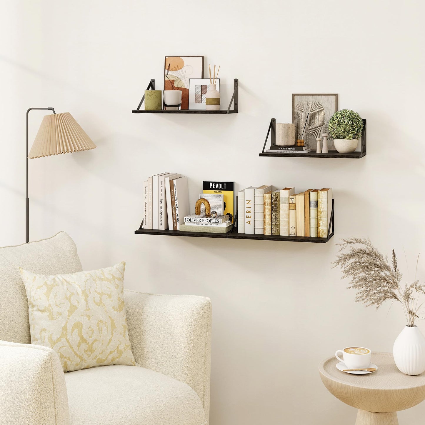 Heimlove Black Deep Floating Shelves for Wall, 16W x 8D Wood Wall Shelves Set of 2, Wide Floating Bookshelf for Living Room, Kitchen, Office, Bedroom and Decor Storage, with Metal Bracket - Black