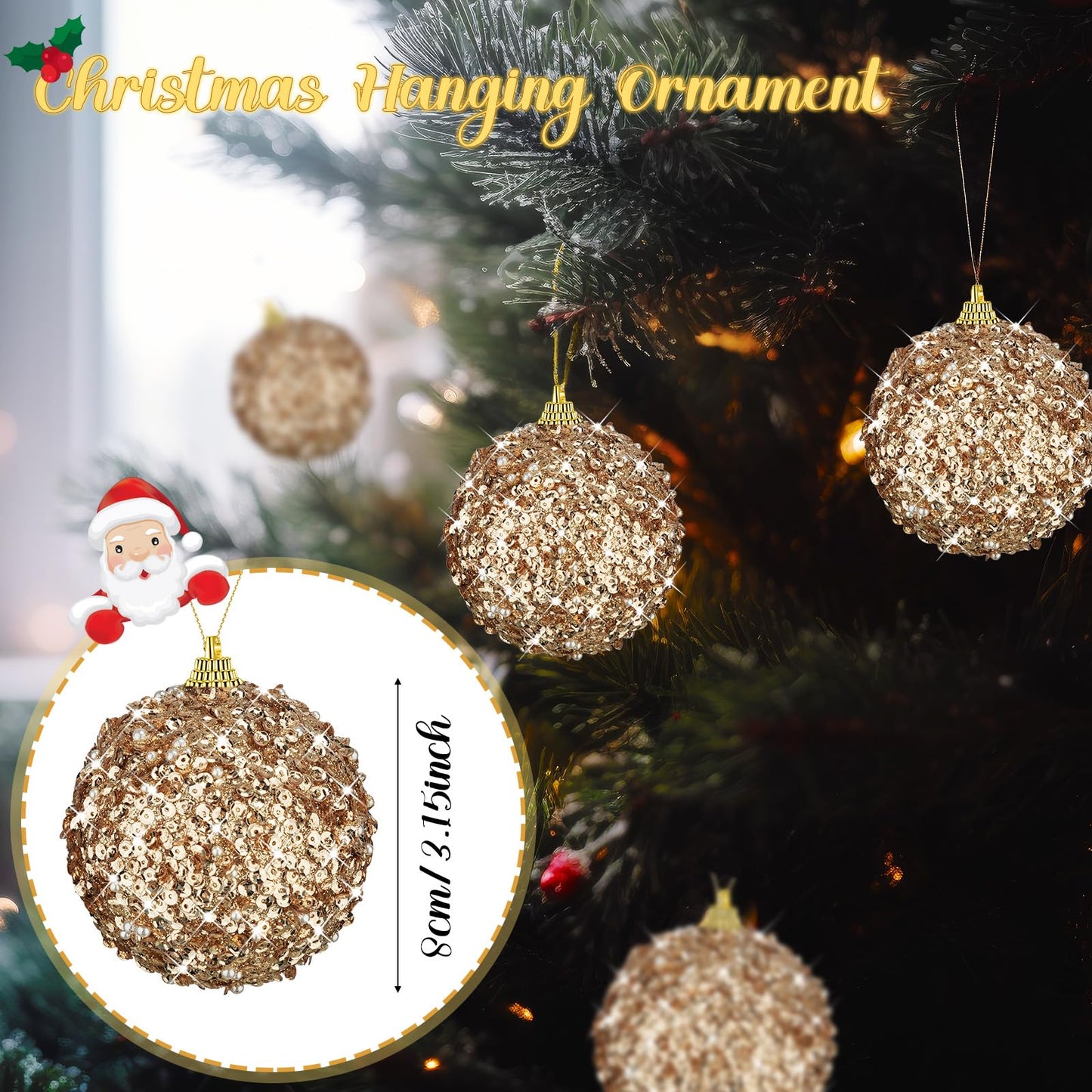Liliful 24 Pcs 3.15 Large Christmas Ball Ornaments Glitter Christmas Decorations Tree Balls Hanging Ornaments for Xmas Wedding Home Tabletop Party Holiday Decor (Champagne Gold)
