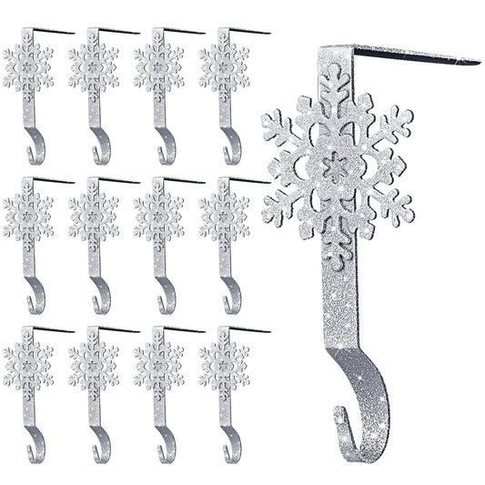 Gisafai Set of 12 Glitter Christmas Mantle Stocking Holders Snowflake Christmas Stocking Hangers Weighted Shiny Metal Fireplace Mantel Non-Slip Hooks for Xmas Party Decoration(Sliver)