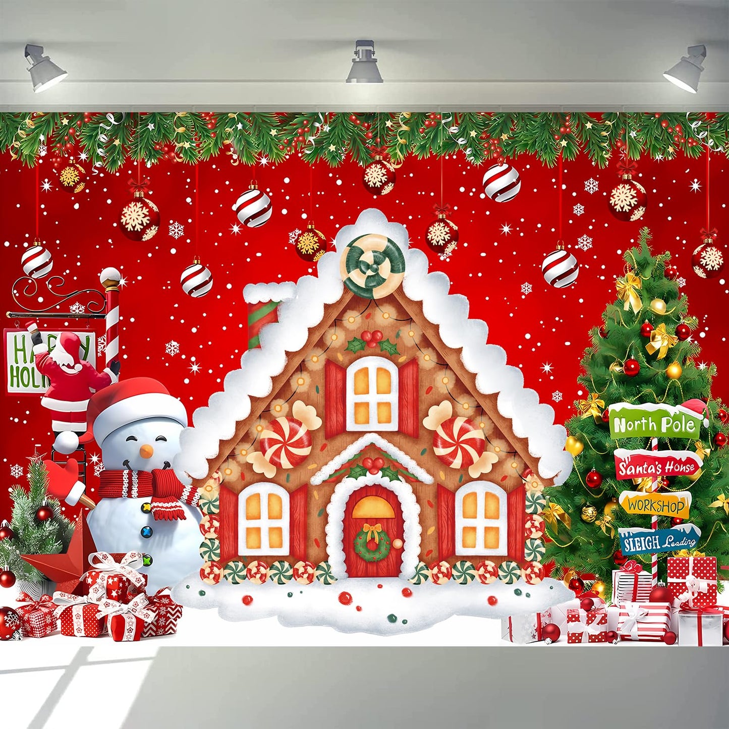 Christmas Backdrop Gingerbread House Backdrop for Wall Photoshoot Winter Merry Xmas Tree Background Santa Xmas Background Holiday Party Decorations 7x5ft