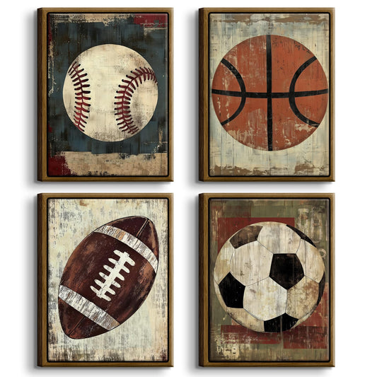 4Pcs Sports Wall Art Decor Boys Room Vintage Ball Theme Canvas Prints Rustic Baseball Basketball Football Soccer Pictures Painting for Kids Nursery Bedroom Home Decor 8x10 Inch Unframed Posters