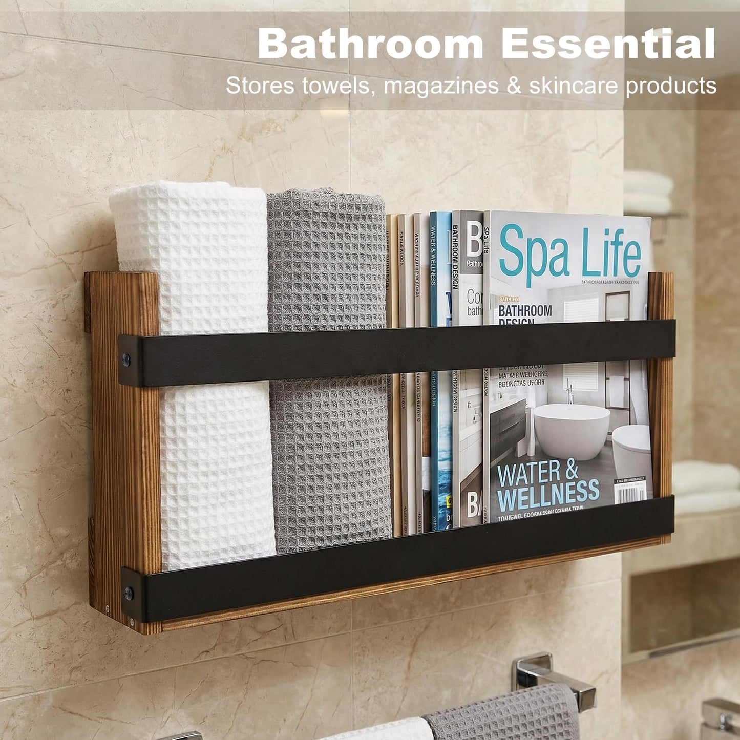 Dojomadf Wood Magazine Rack Wall Mounted & Wall Magazine Rack, Pine Wood Black Metal Wall Magazine Holder for Magazines, Books, Mountable or Freestanding Organizer