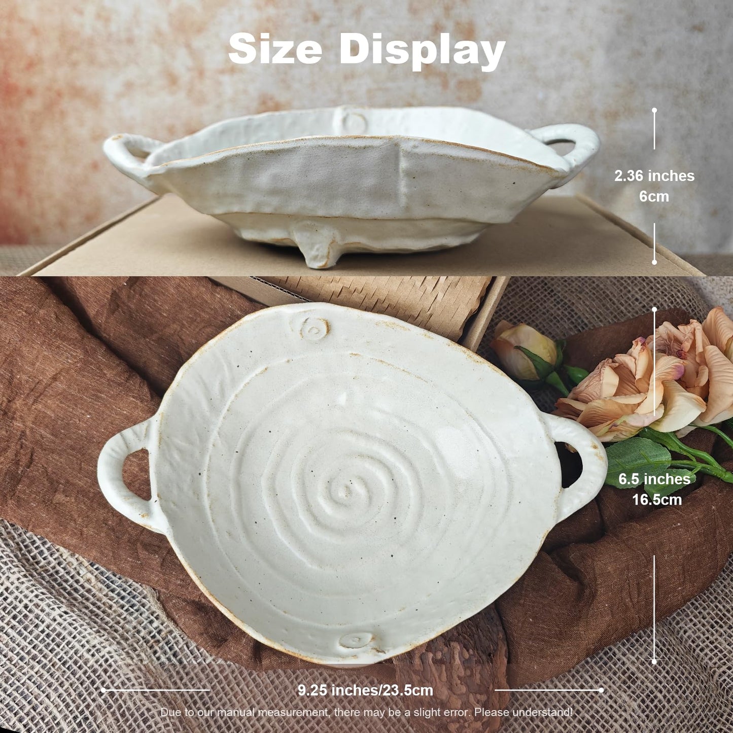 LUSHHAHA Retro Free-Form Edge Decorative Bowl Ceramic Fruit Bowl with Handle，Matte Farmhouse Cutlery Serving Bowls,Salad Bowl,Table Centerpiece Decor，Housewife/Handmade Gift Box