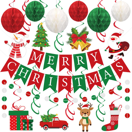 Merry Christmas Party Decorations Pre-strung Red Green Merry Christmas Banner with Honeycomb Balls Santa Claus Snowman Xmas Tree Hanging Swirls Colorful Circle Dots Garland for Holiday Party Decor