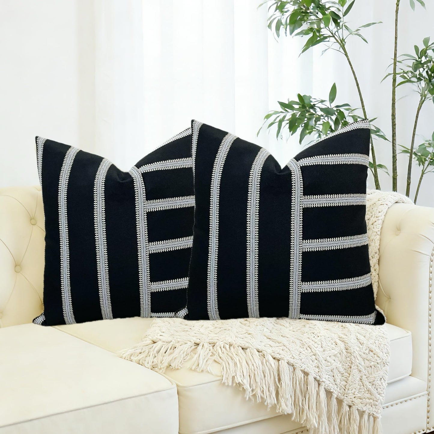 Slow Cow Pack of 2 Stripe Patchwork Throw Pillow Cover Cushion Cover Pillow Cover for Sofa Couch 18 x18 Inches