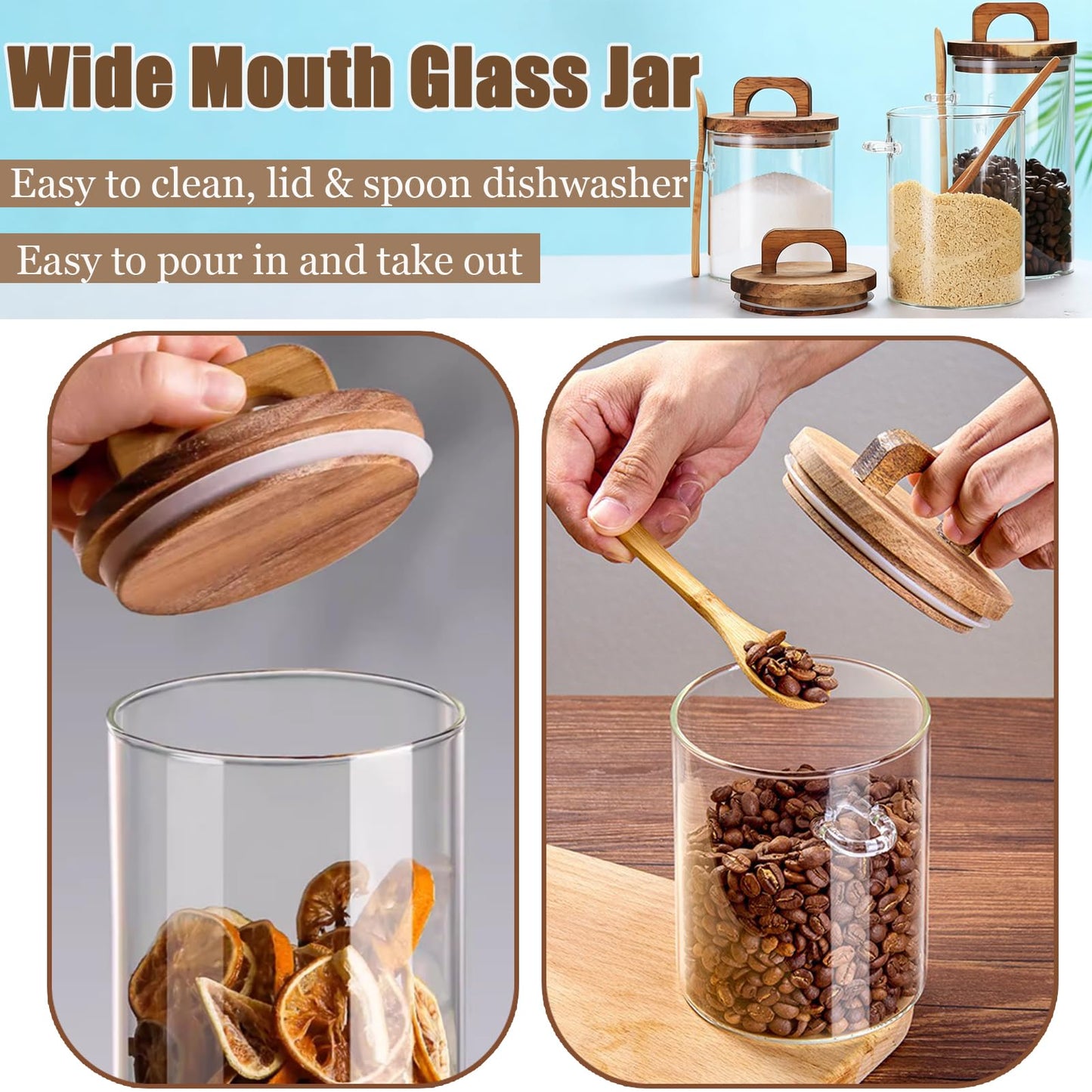 Coriario 24 OZ Glass Jar with Wooden Lid and Spoon Airtight Glass Candy Jars Wide Mouth Clear Glass Coffee Storage Canister Handle Lids for Food Sugar Cookie Tea Decorative