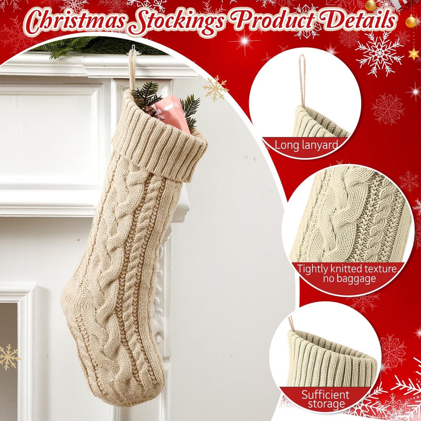 Chicingyou 6 Pcs Christmas Stockings 18" 14'' Cable Knit Neutral Stockings Rustic Farmhouse Fireplace Christmas Ornaments Handmade Boho Knit Socks for Mantel Tree Wall Holiday Decor(Cream)