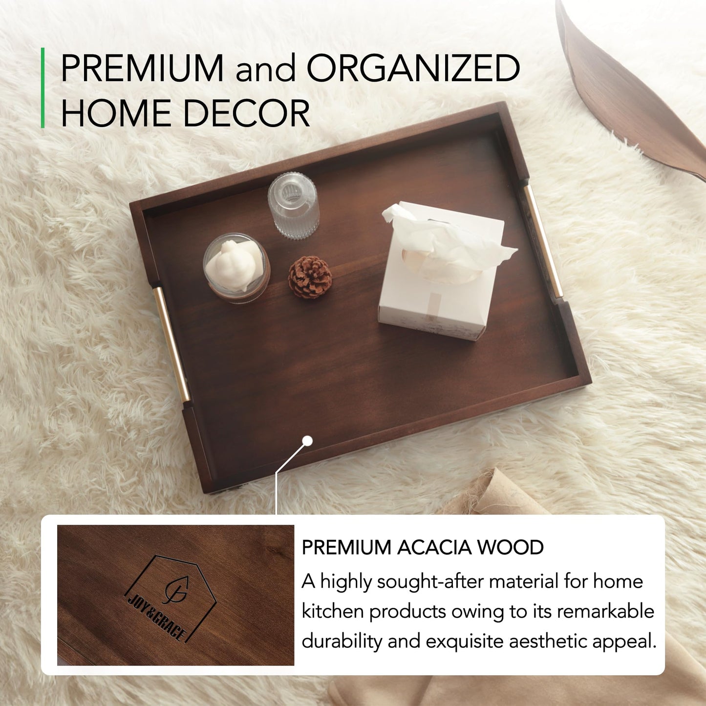 Joy&Grace Ottoman Tray for Living Room, Large Acacia Wooden Serving Tray with Handles for Coffee Table, Breakfast in Bed, Food Dinner, Decorative Tray (Sleek Brown, 16.7" x 12.8" x 2")