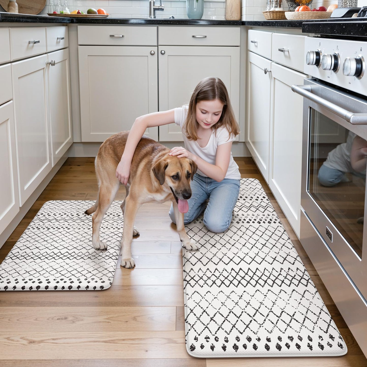 KIMODE Kitchen Mats 2PCS,Cushioned Anti Fatigue Kitchen Rugs and Mats,Non Skid Waterproof Kitchen Mats for Floor,Comfort Foam Standing Mat for Home Decor, Office,Sink,Laundry Room,Desk,Black and White