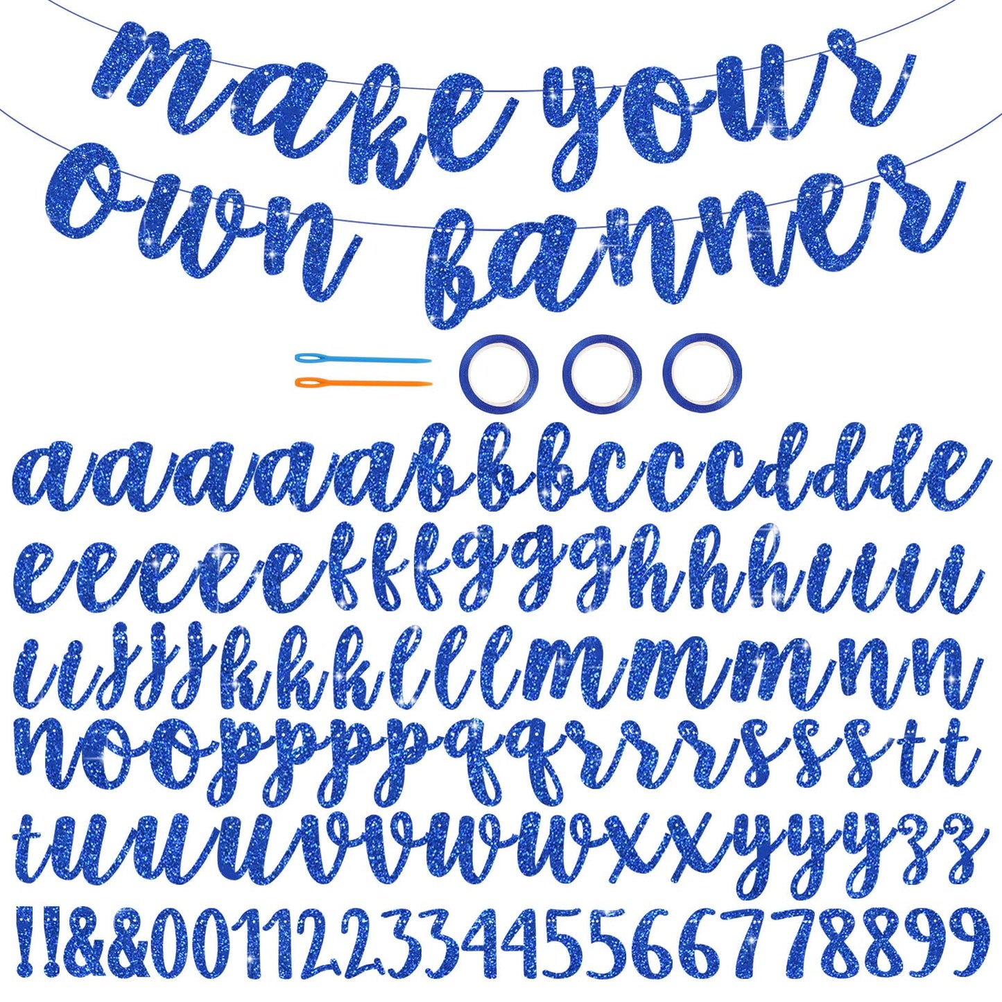 BEISHIDA Glitter Blue 116 PCS A-Z DIY Letter Banner Kit Make Your Own Banner，Including 111 Letters and Numbers 3 Rope and 2 Threading Device,Customized for Birthday Graduation Wedding Party Decor