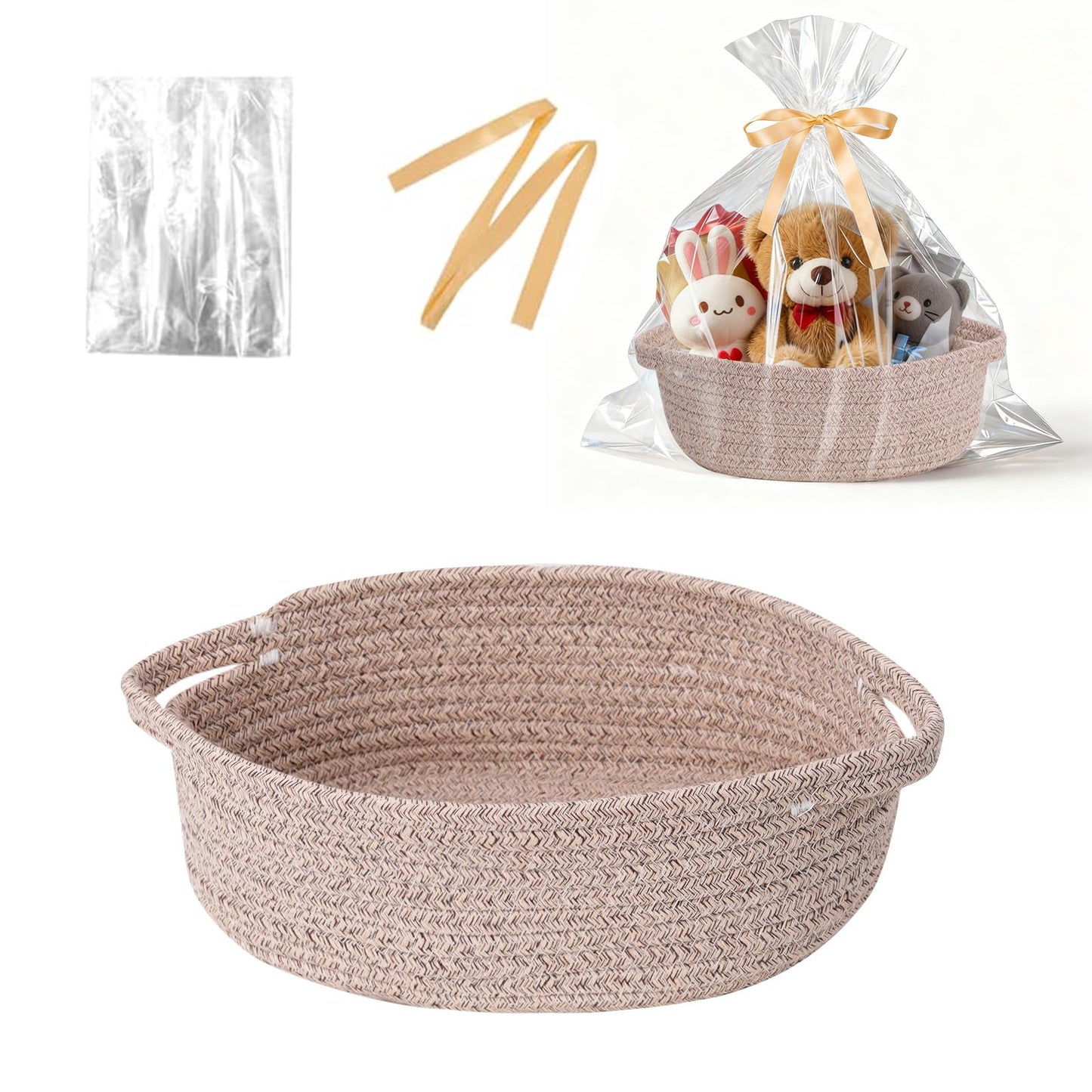 LWYMX Basket for Gifts Empty, Small Woven Basket with Bags and Ribbons, Baby Toy Baskets with Handles, Wicker Storage Bin for Baby Showers or Pet Toy (Brown, 1 Pack (12"x 8"x 3.74"))