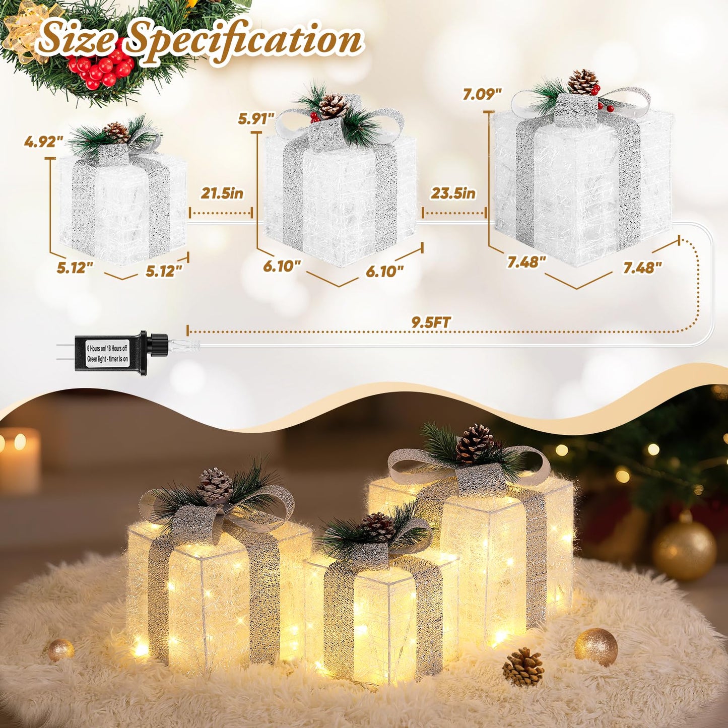Towponics Set of 3 Christmas Lighted Gift Boxes with Plug, Indoor Outdoor Christmas Decorations with 60 LED Warm White Mini String Lights, Present Boxes with Silver Tinsel for Xmas Tree Porch Decor