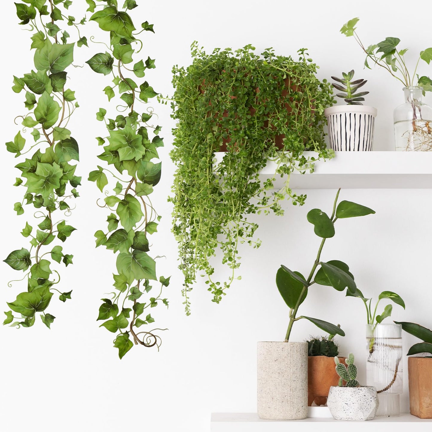 Green Leafy Vine Wall Stickers Decor 4 Pcs Green Natural Plant Wall Decals Peel and Stick Leaf Wall Stickers for Living Room Bedroom Classroom Kitchen Art Decorations