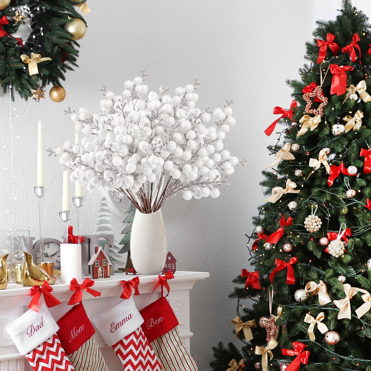 Sggvecsy 30Pcs Christmas Glitter Berries Stems Artificial Red Berry Branches Holly Picks Stems Christmas Tree Ornaments for DIY Xmas Wreath Crafts Gifts Holiday Home Decor (White)