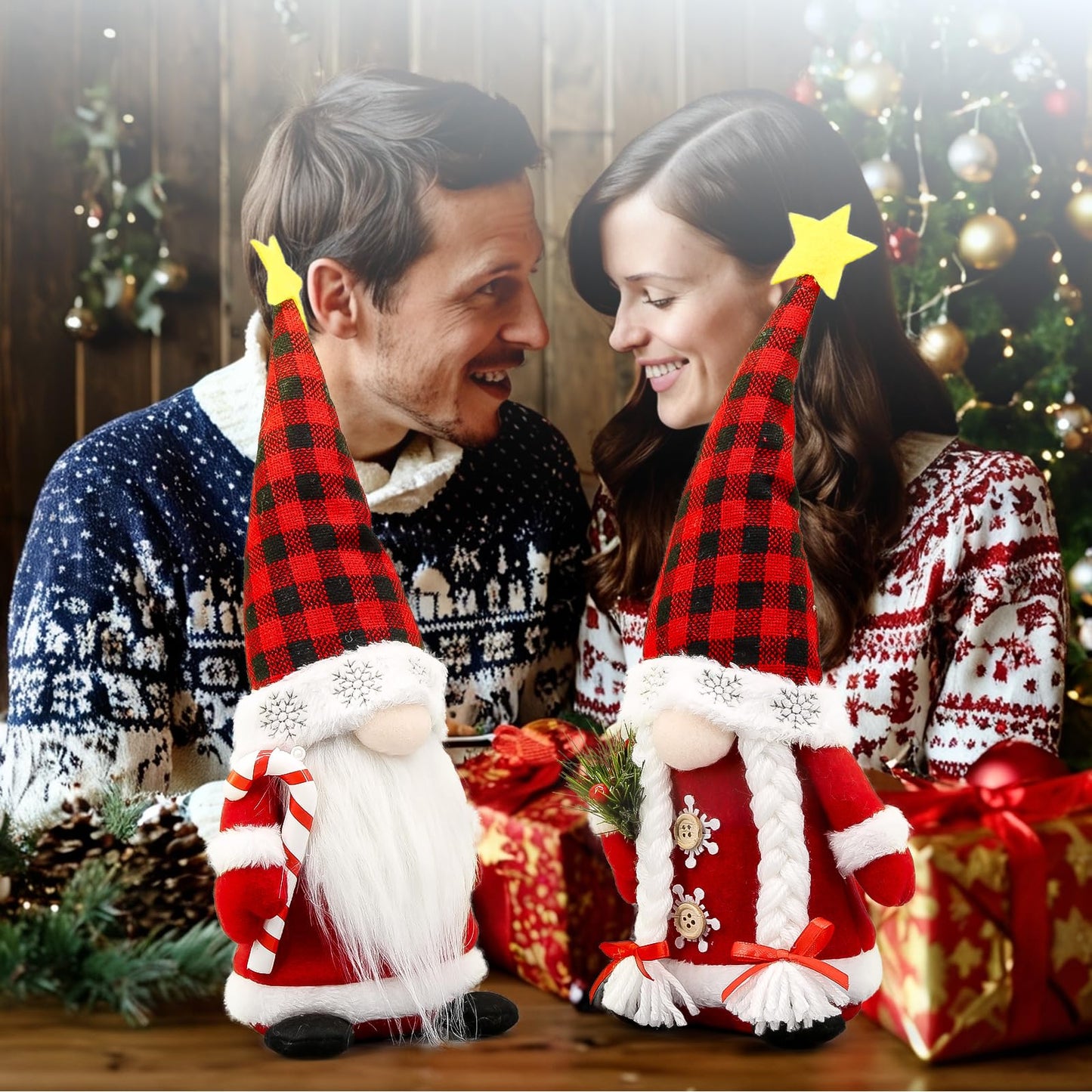 Lovinland Christmas Gnomes Plush Couple with Red Buffalo Check - Xmas Gnomes Elf Tomte Ornaments Doll - Christmas Decorations - Xmas Decorations for Home, Indoor, Office
