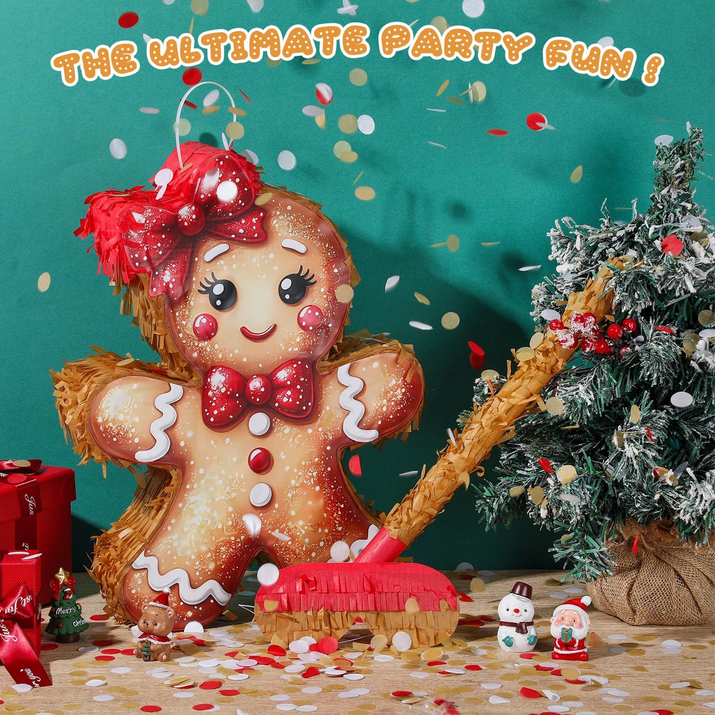 HyDren Christmas Gingerbread Girl Piñata Decorations Christmas Mexican Piñata with Stick Confetti and Blindfold Bundle for Xmas Favors Party Decors Holiday Photo Props (15.7"x11.8"x3")