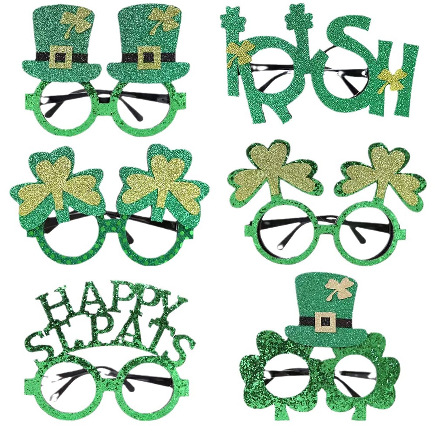 QEYRIYI St Patrick’s Glasses Frames St.Patrick’s Day Decoration Accessories Supplies 6 Pcs Green Glitter Hat Glasses Holiday Ornaments Party Photo booth Props