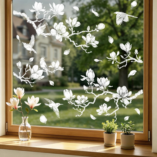 Supzone Magnolia Flower Tree Window Clings White Tree Branch Birds Window Decals Double-Sided Anti-Collision Static Stickers for Home Slide Glass Door Decoration
