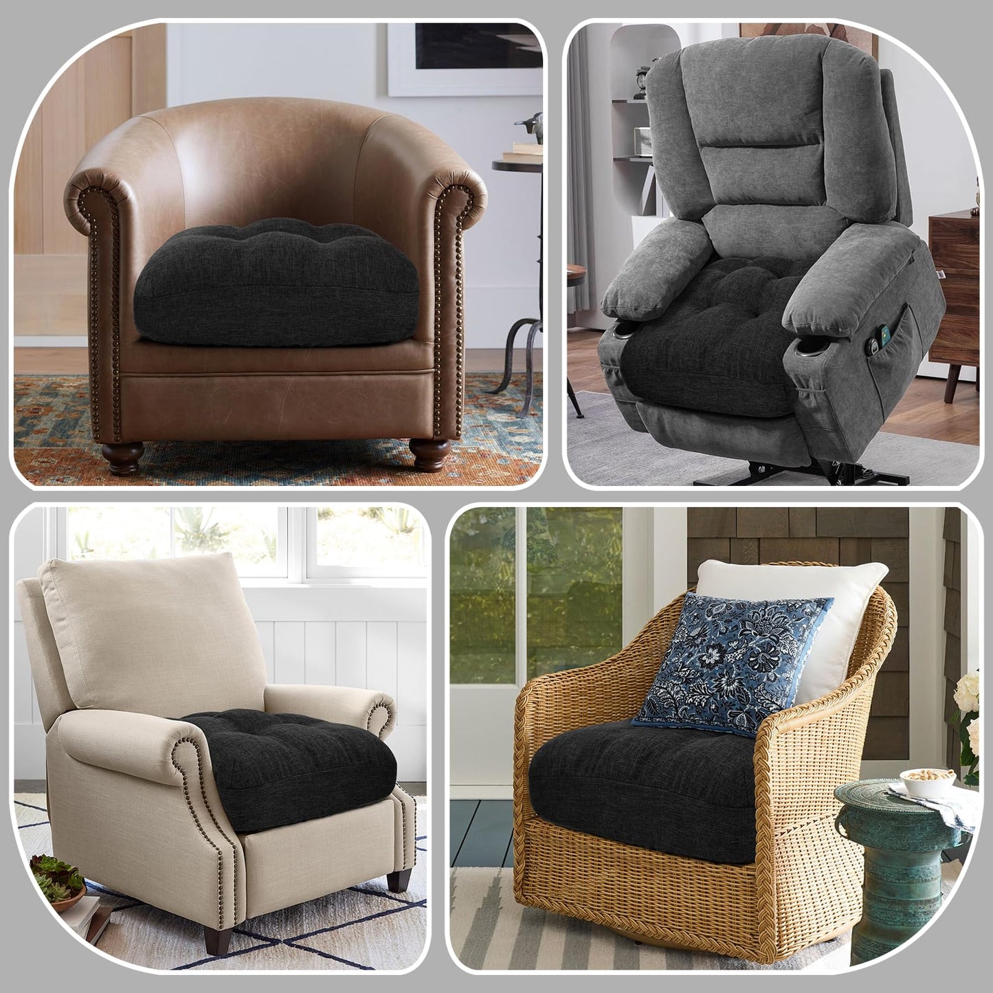 BUYUE Natural Latex Foam Support Chair Cushion for Elderly, 2-Tier Removable, 2-Faced Reversible Recliner Chair Pad Couch Armchair Seat Cushion Replacement, 20" x 20" x 5", Black