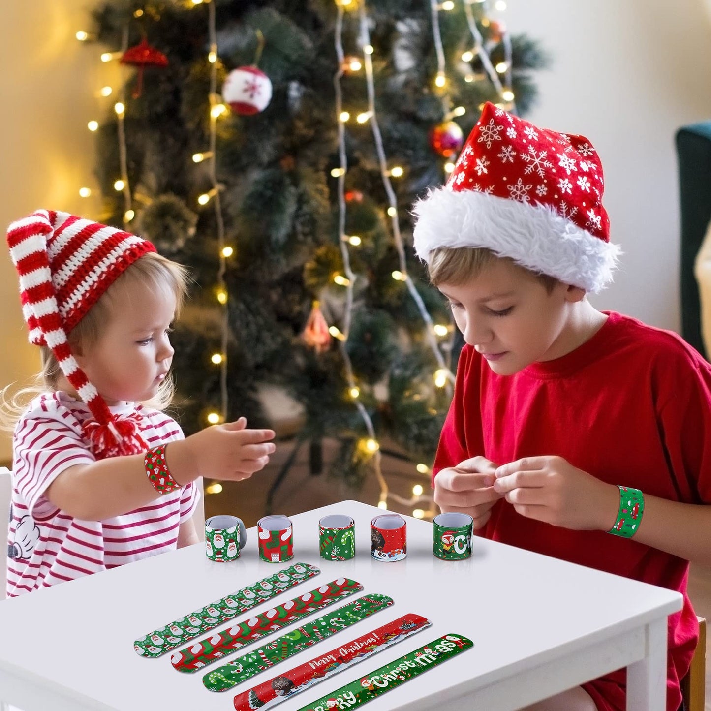 Durony 48 Pieces Christmas Slap Bracelets Xmas Slap Wristbands Bulk Assorted Christmas Theme Pattern for Party Favors Gift Bag Fillers