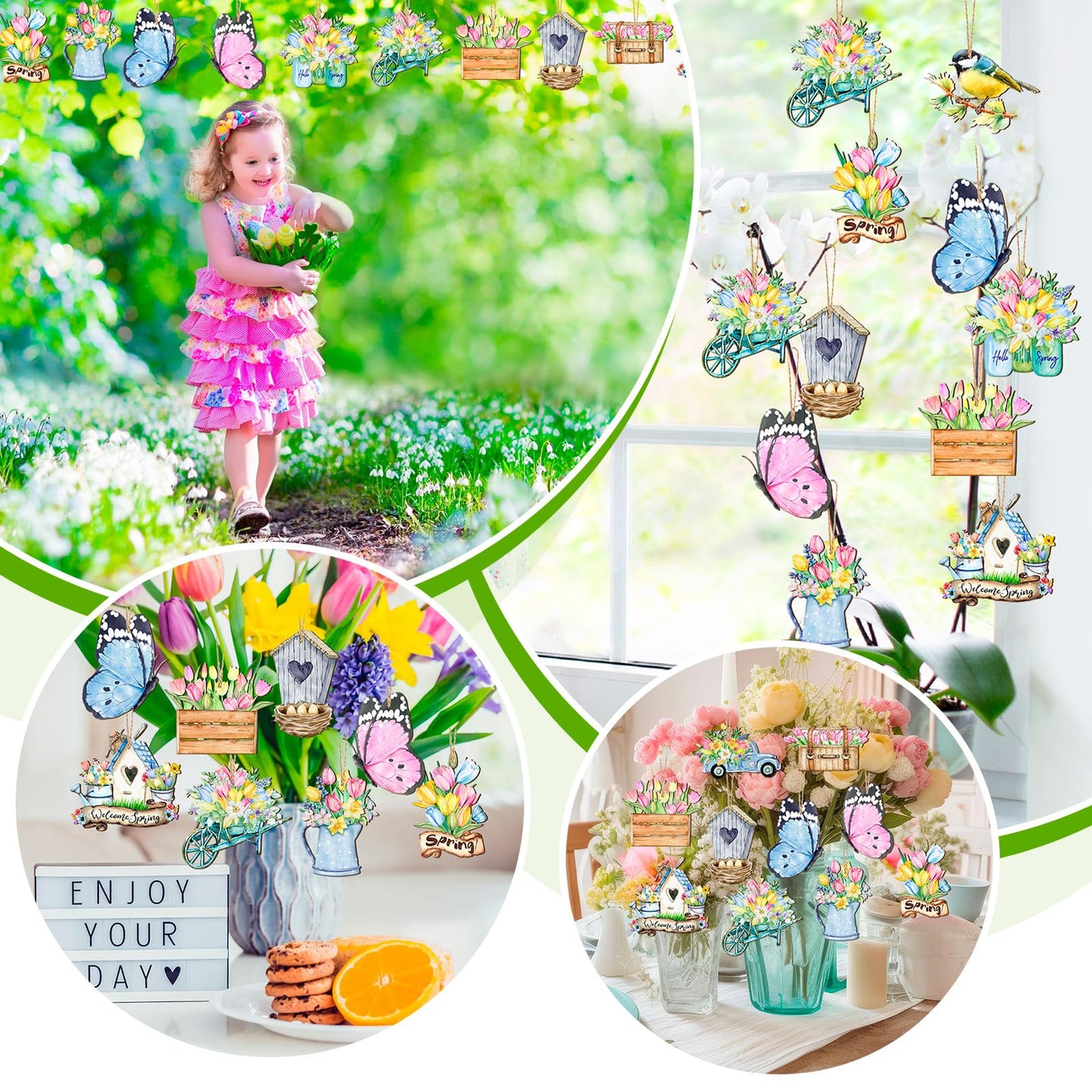 Anglechic 36 Pcs Spring Tree Ornaments Hawaiian Wood Hanging Decoration Butterfly Bird Truck Patterns Ornaments for Tree Luau Hawaiian Party Supplies