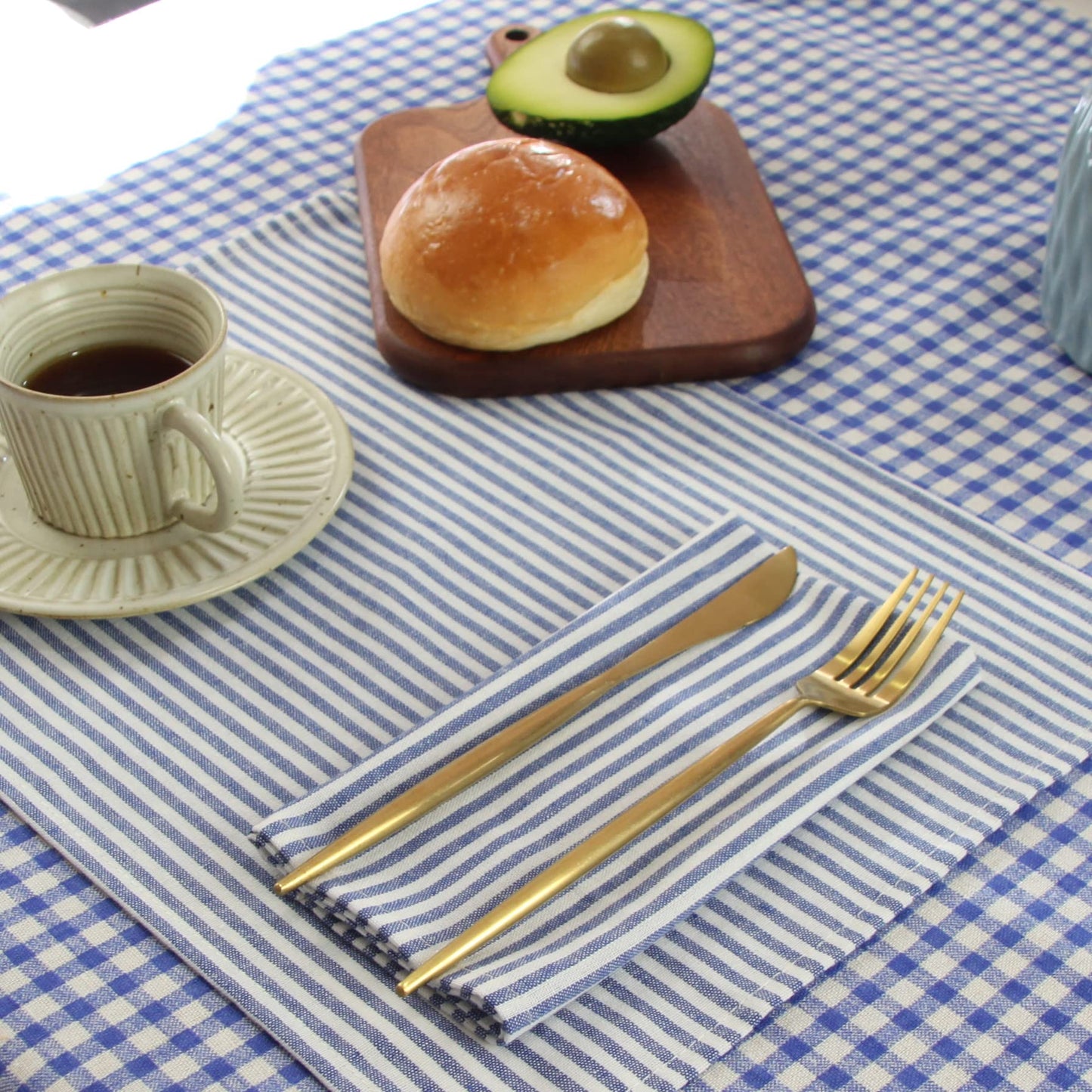 INFEI Plain Striped Cotton Linen Blended Dinner Cloth Napkins - Set of 12 (40 x 30 cm) - for Events & Home Use (Blue)