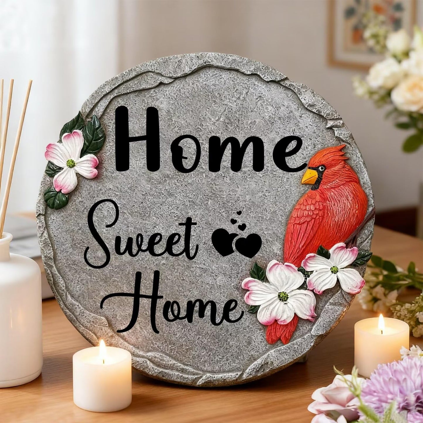 Sweet Home-Resin Stepping Stone,Outdoor Garden Pathway Decoration,Round Red Hummingbird Decorative Stone for Garden,Walkway Sculpture Yard Art for Patio,Home Decor