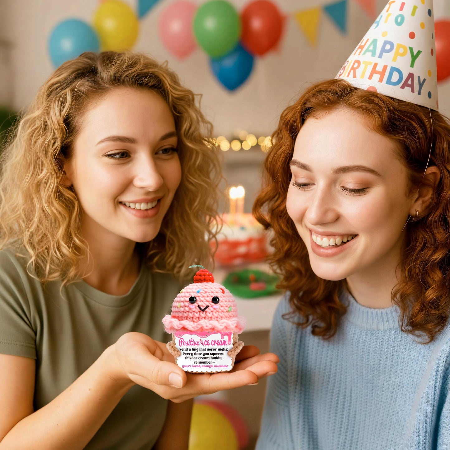 MLZTINGR Happy Birthday Gift for Women – Handmade Crochet Ice Cream Plush, Cute Knitted Present for Mom, Daughter & Girlfriend – Positive Decorative Gift for Christmas or Home Décor