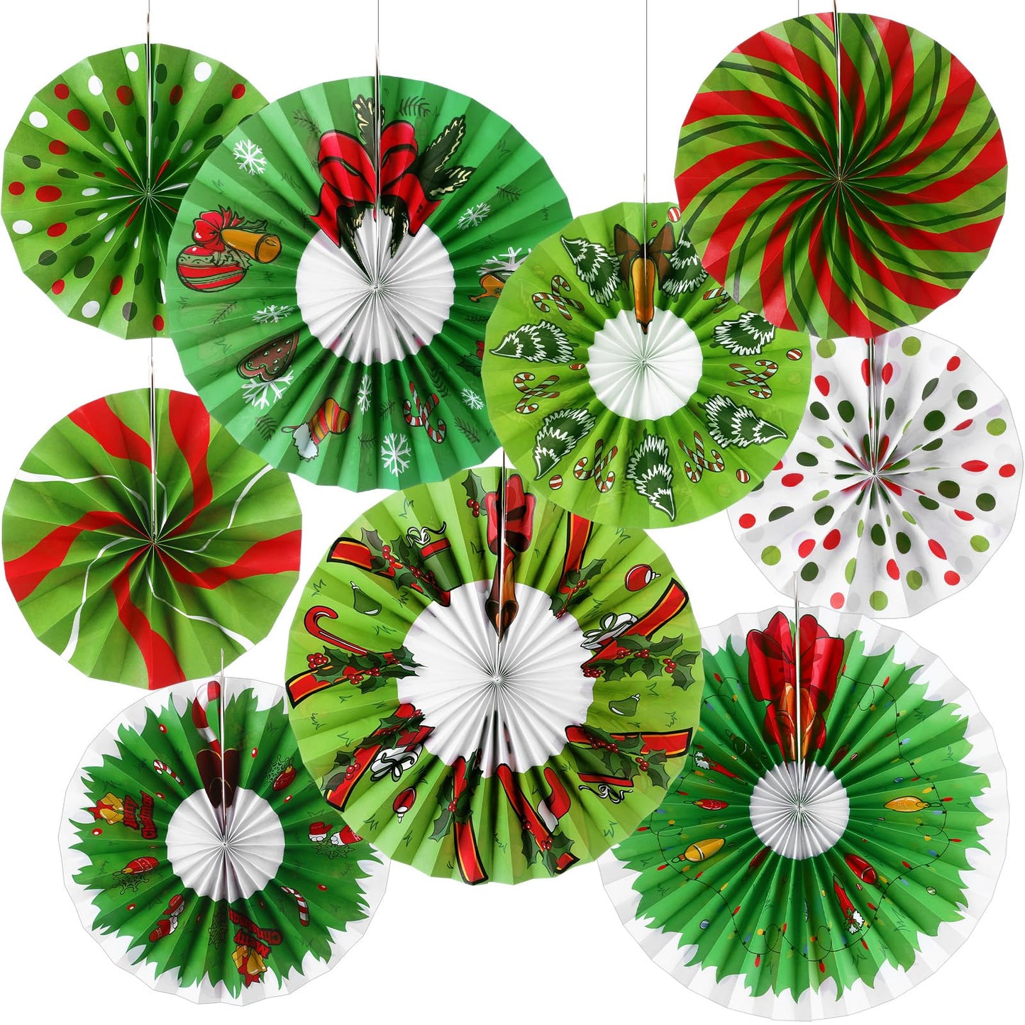 Outus 9 Pcs Christmas Hanging Decorations Candy Paper Fans Peppermint Classroom Christmas Decorations Party Ceiling Wall Hanging Decor Red Green Elf Bulb Wreath Gift Box Winter Holiday Birthday