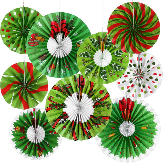 Outus 9 Pcs Christmas Hanging Decorations Candy Paper Fans Peppermint Classroom Christmas Decorations Party Ceiling Wall Hanging Decor Red Green Elf Bulb Wreath Gift Box Winter Holiday Birthday