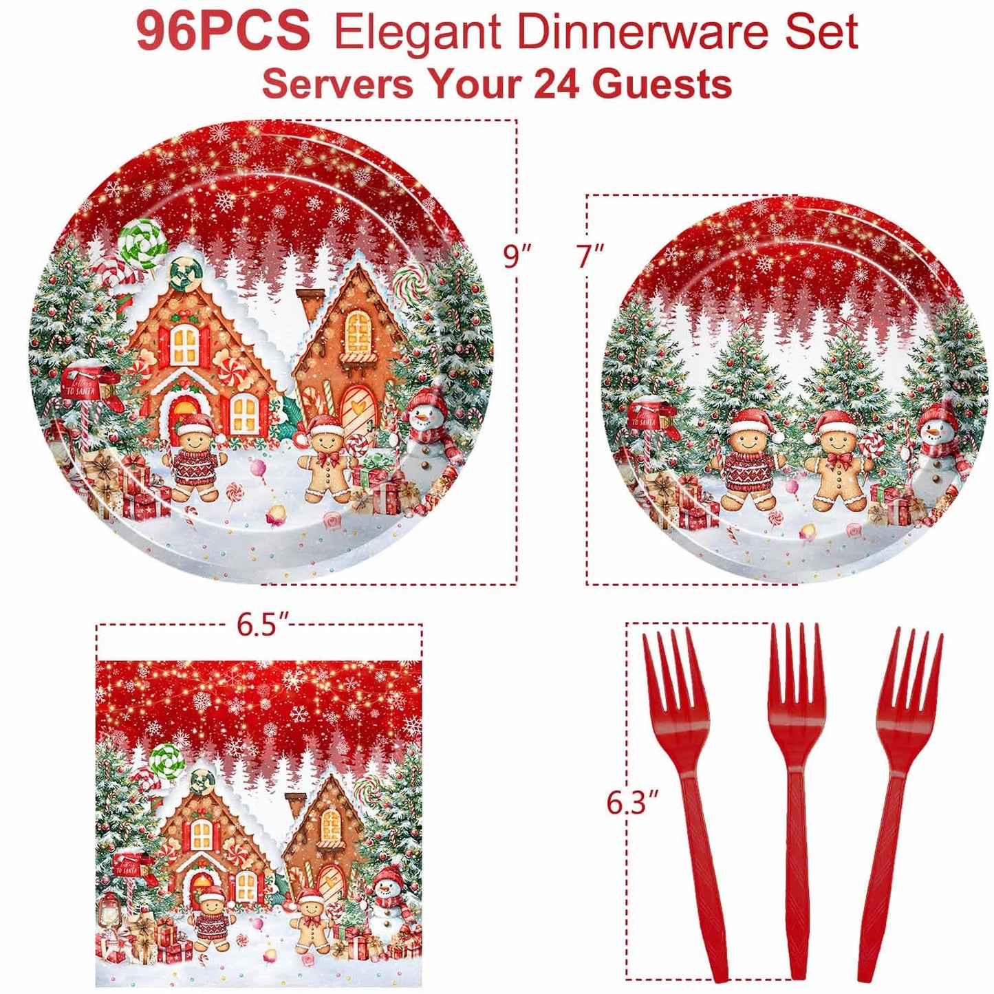Joliaco 96 Pcs Red Gingerbread House Tableware Set Christmas Candy House Gingerbread Man Disposable Paper Plates and Napkins Xmas Candyland Party Supplies for 24 Guests