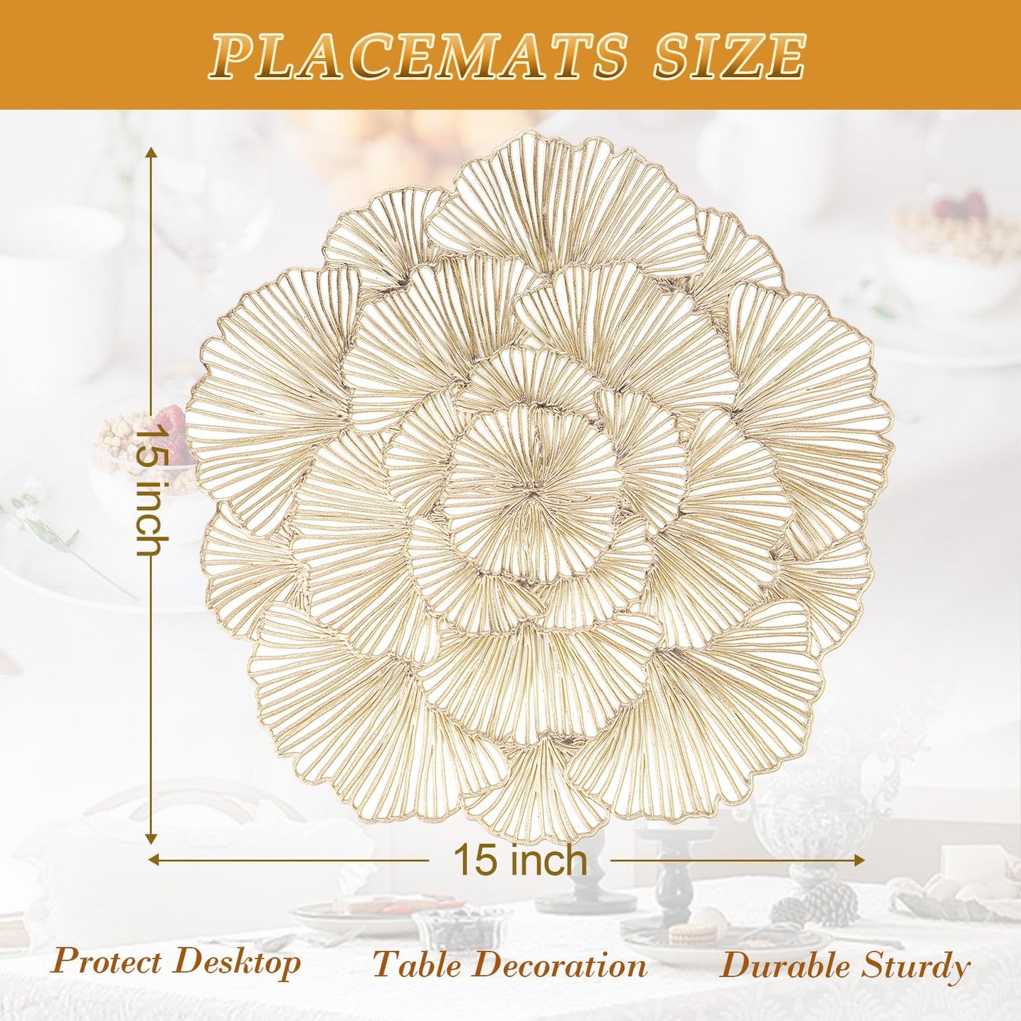 Evevda Round Placemats Set of 6, Gold Leaf Placemats 15 Inch Washable Holiday Decoration Table Mats for Indoor Outdoor Activities Farmhouses Hotels