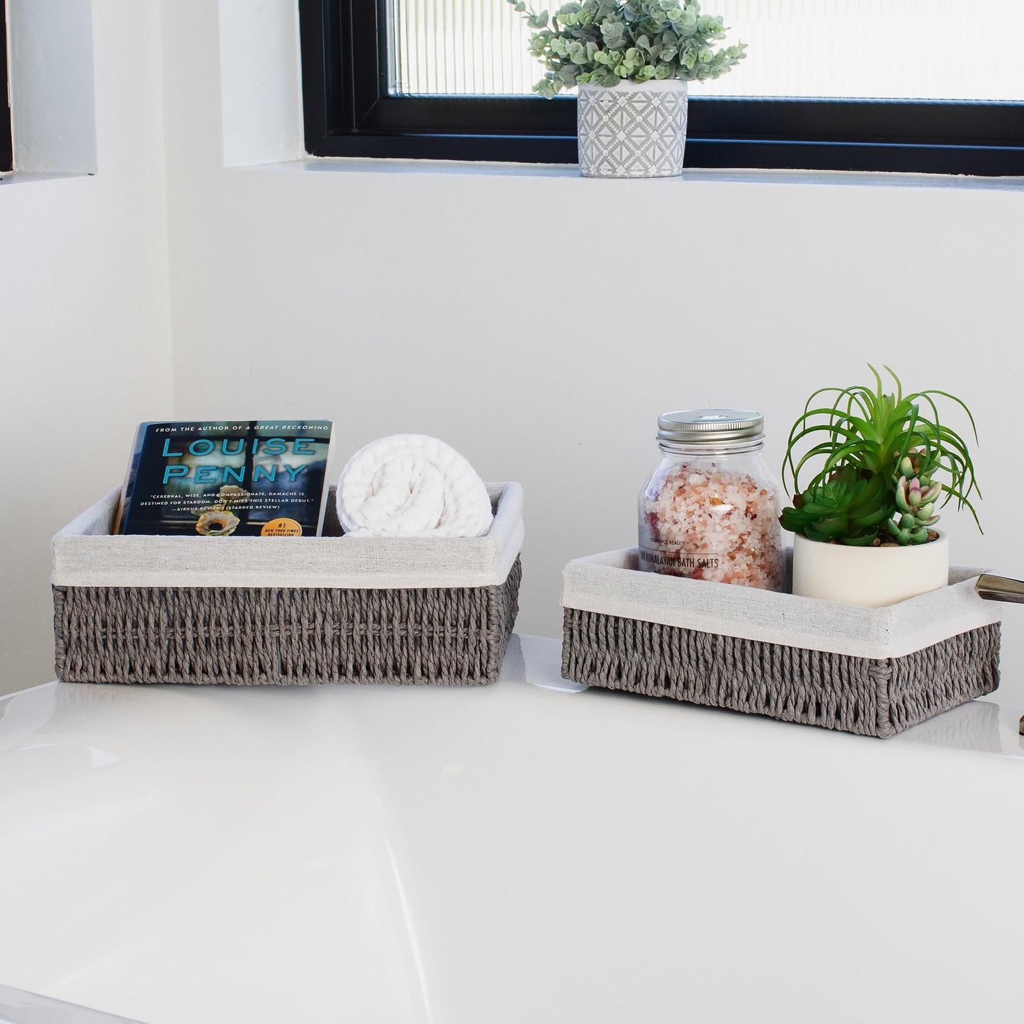Beautiful Toilet Paper Storage Basket Set of 2 – Decorative Wicker Bathroom Organizer for Toilet Tank Trays - Quality Holder Bin for Shelves Fits Perfectly with Any Bathroom Decor