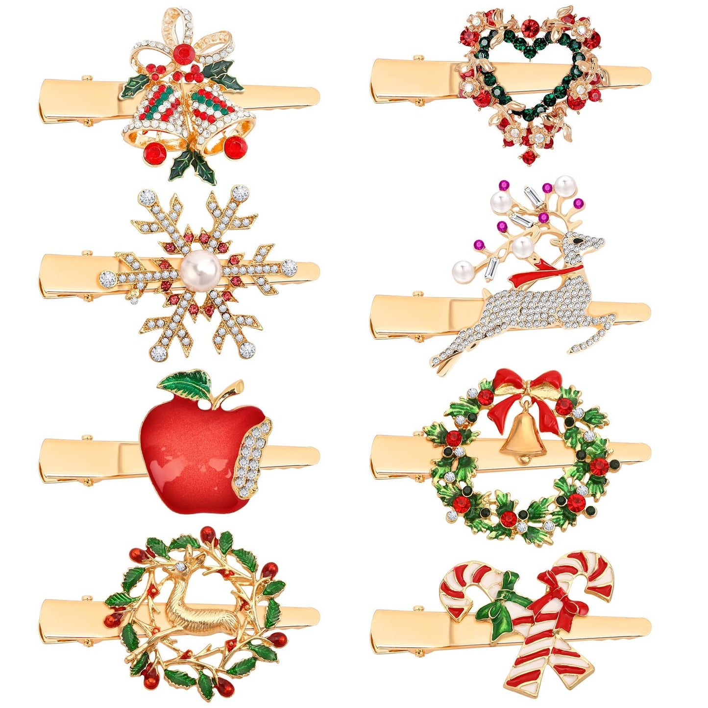 AUGSUN 8Pcs Christmas Rhinestone Hair Clips Barrettes Xmas Crystal Peppermint Snowflake Wreath Reindeer Bell Hairpins Festive Costume Accessories for Women Christmas Holiday Party Gifts
