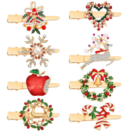 AUGSUN 8Pcs Christmas Rhinestone Hair Clips Barrettes Xmas Crystal Peppermint Snowflake Wreath Reindeer Bell Hairpins Festive Costume Accessories for Women Christmas Holiday Party Gifts