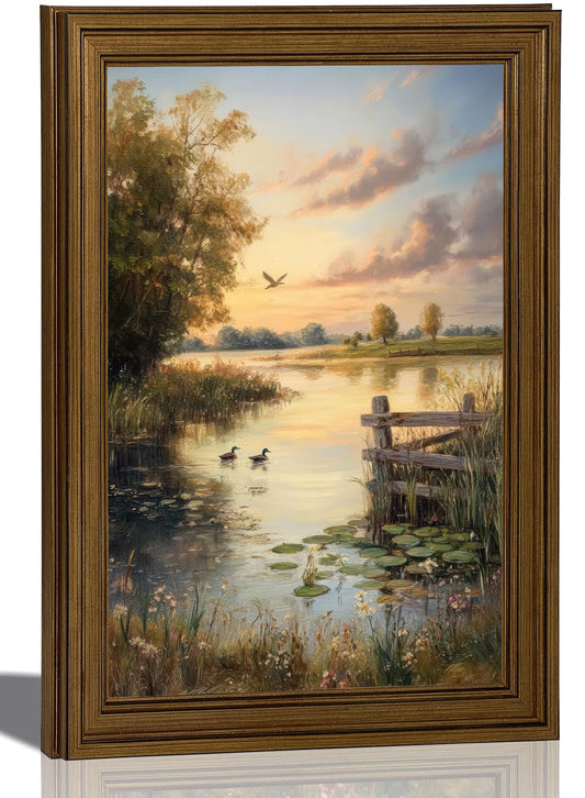 Gold Framed Vintage Rustic Canvas Wall Art, 3D Textures Ducks Painting Picture Wall Decor, Farmhouse Pond Landscape Poster Print Artwork for Country Living Room, Home Decoration 9x11in