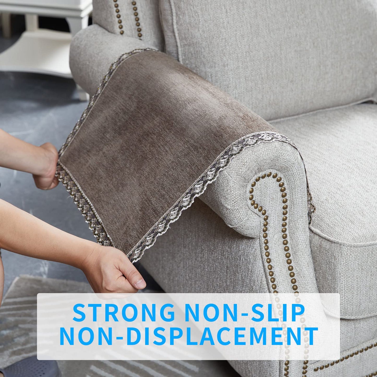 MINJIATEX Couch arm Covers,Non-Slip lace Sofa arm Covers Set of 2 Washable Sofa armrests Covers for Living Room Recliner Chair arm Cover Protectors for Leather Sofa armrest slipcover (HZW-Brown)