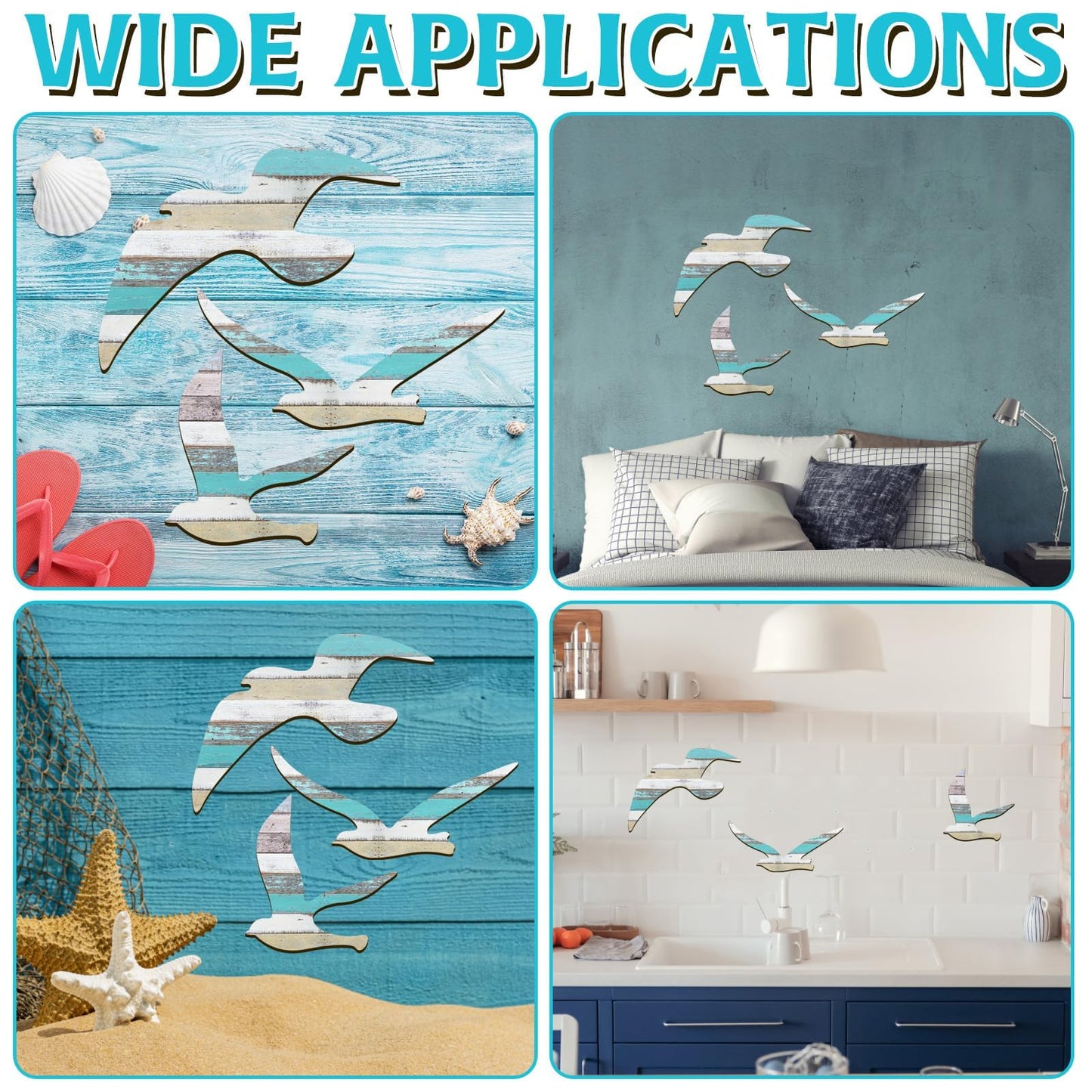HINGTAI 3Pcs Wood Seagull Beach Wall Art, Nautical Self-adhesive Seagull Decorations, Coastal Themed Decors for Home Bedroom Living Room