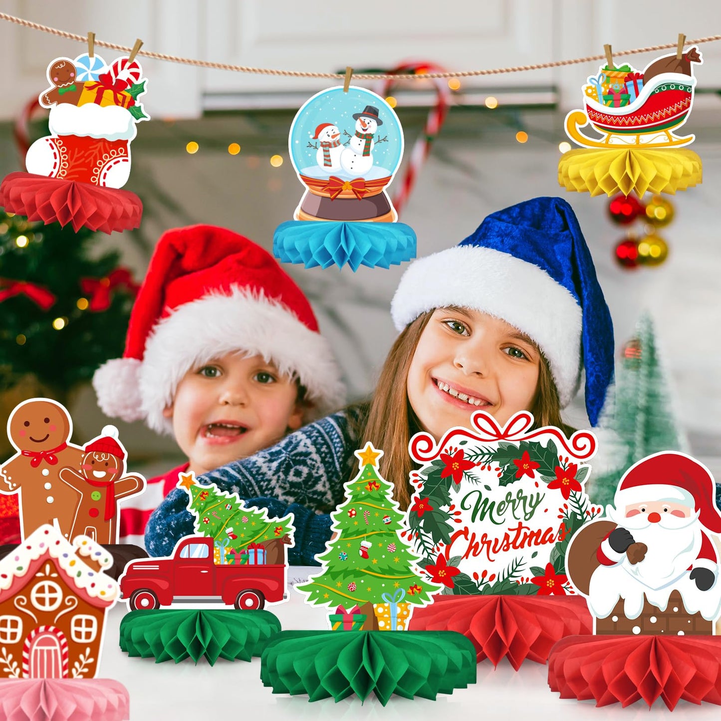 Merry Christmas Party Decorations Bundle - Includes Festive Christmas Honeycomb Centerpieces ，Santa Claus Snowman Table Toppers, Perfect for Classroom Decor, Christmas & Winter Birthday Party Supplies