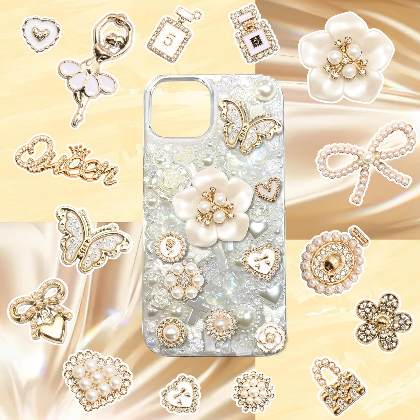 BELICEY Junk Case Charms Elegant Flower Butterfly Charm for Phone Case 3D Bow Heart Bear Junk Phone Case Kit Flatback Pearls Rhinestone for Customizing DIY Craft Accessories