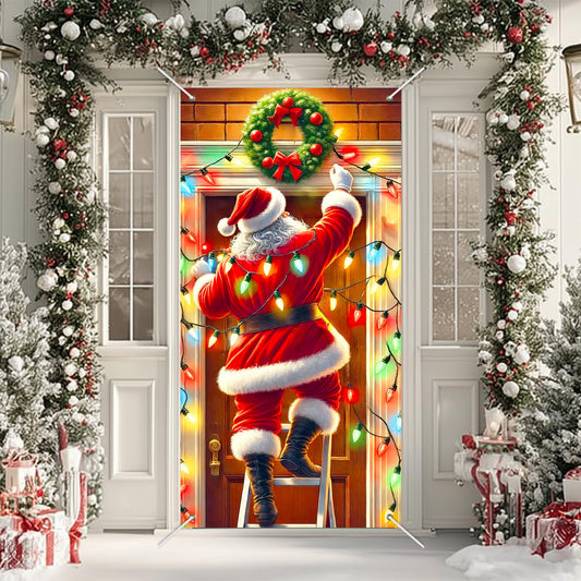 BlissYard Christmas Decorations Door Cover 71x35 Inch Santa Claus Ladder Lights Door Banner Party Banner Front Door Porch Decor Photography Backdrop Home Kitchen Winter Entryway Decor