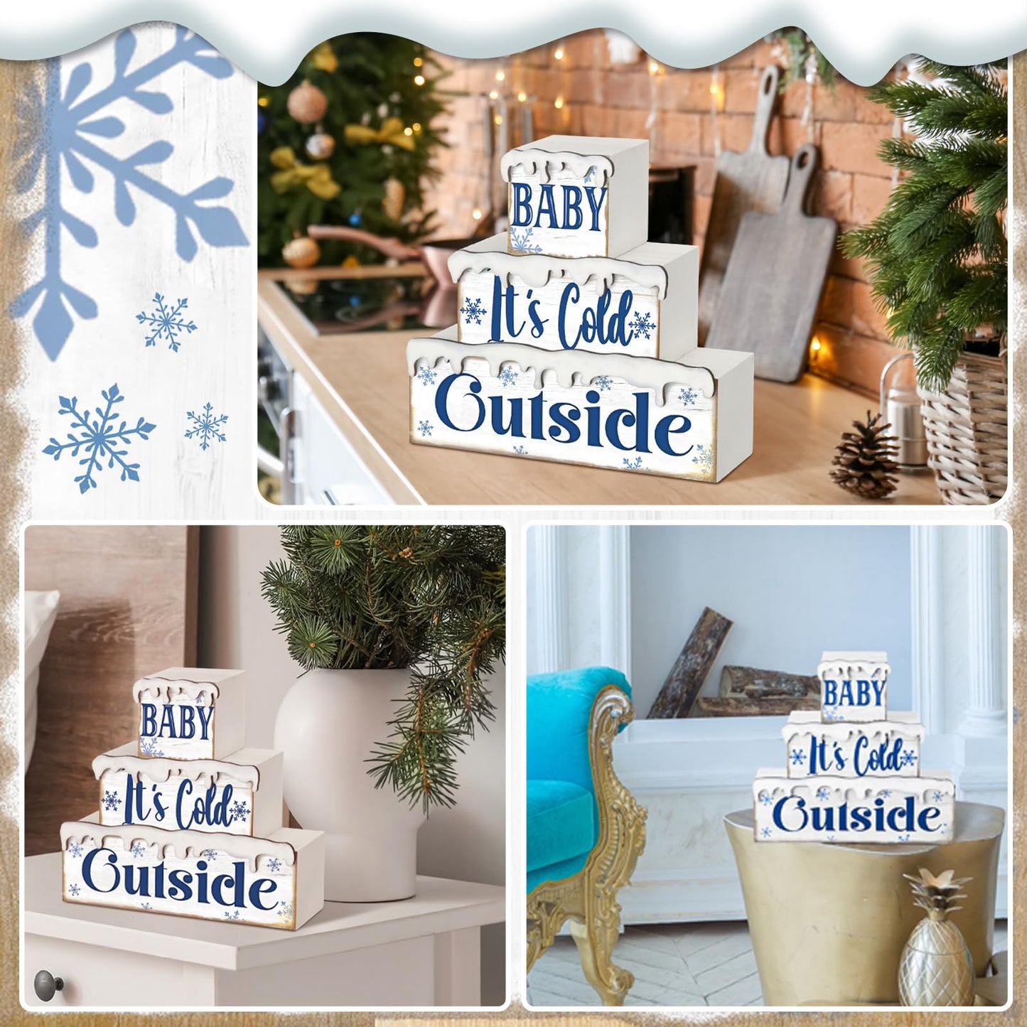 Huquary 3 Pcs Winter Let It Snow Tiered Tray Decor Table Sign Winter Theme Wood Decorations Centerpiece Decor for Party Gift Desk(Snow Style)