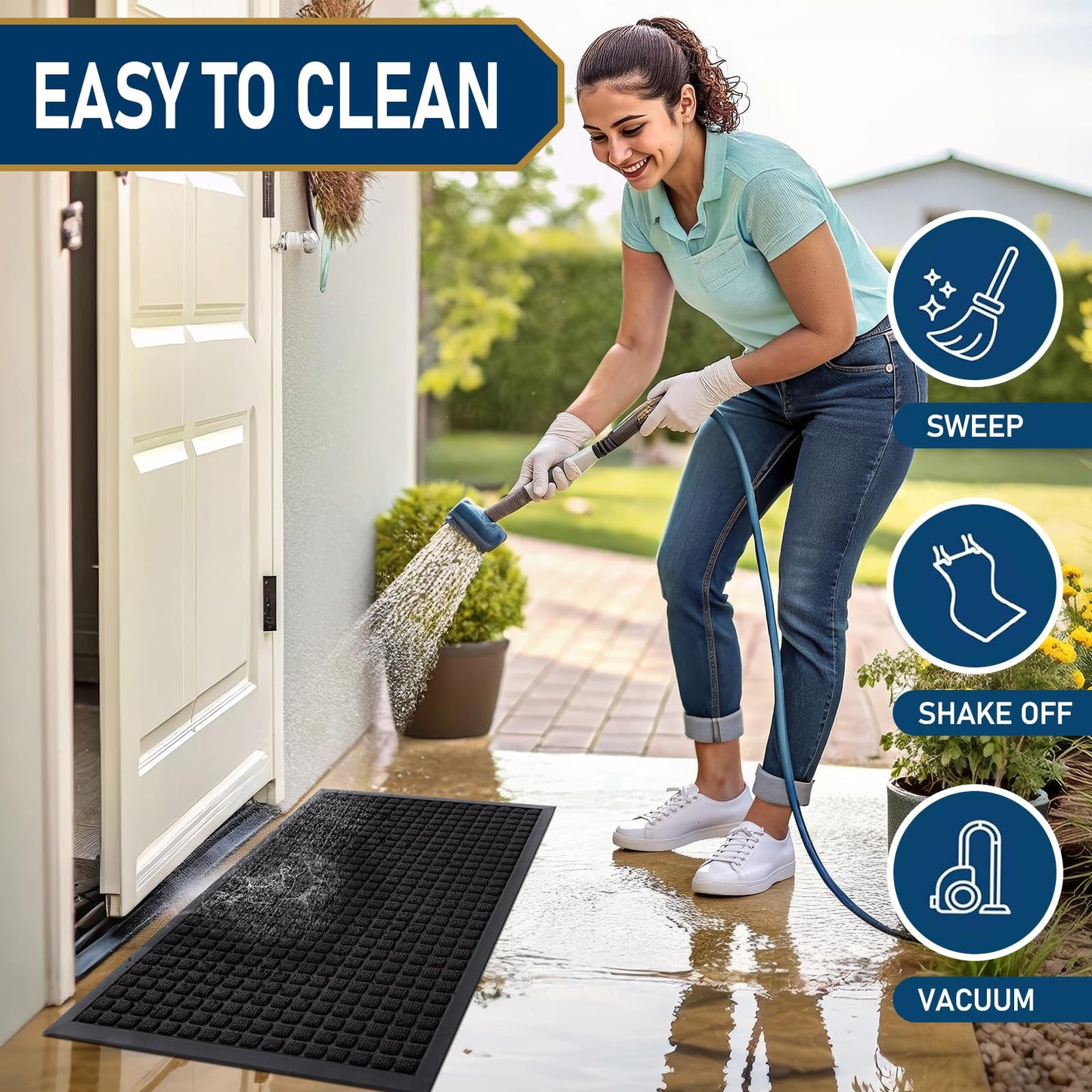 Smiry Front Door Mat Outside Entrance, Heavy Duty Natural Rubber Doormat, Non Slip, Trap Dirt and Moisture, Easy Clean, Low Profile Welcome Floor Mats for Indoor Outdoor Entry, 29.5x17 Inch, Black