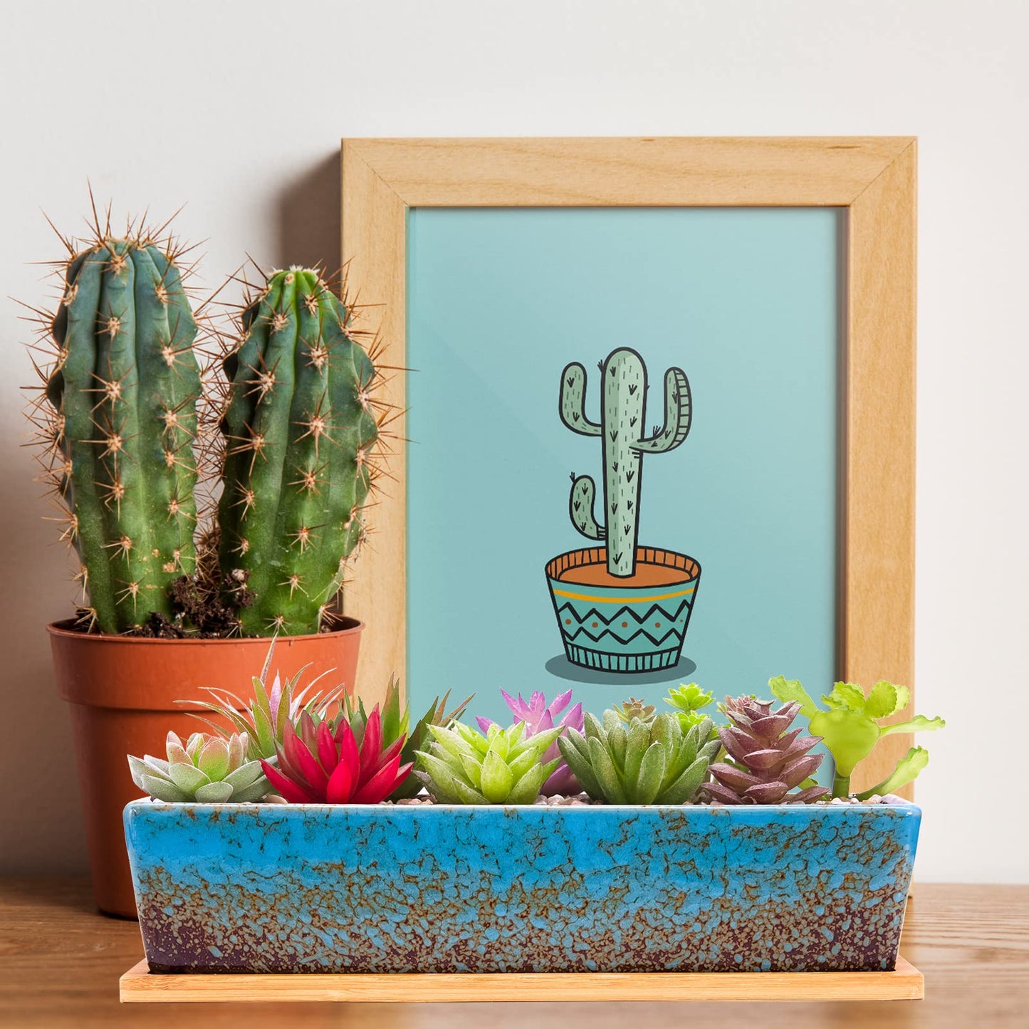 Succulent Pots - 12.1 Inch Large Succulent Planters Pots with Drainage Tray, Long Rectangle Ceramic Pot for Indoor Cactus/Succulent Plants Shallow Bonsai Window Box for Home Garden Decor (Blue)