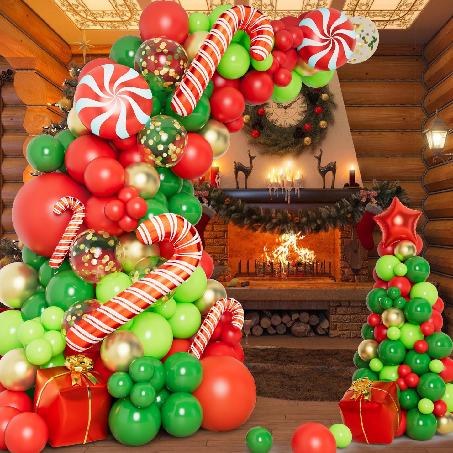 DBKL 138 Pcs Christmas Balloons Garland Arch Kit with Xmas Red Gold Green Balloons Candy Cane Gift Box Foil Balloons for Christmas Party Decorations Birthday Xmas Party Supplies