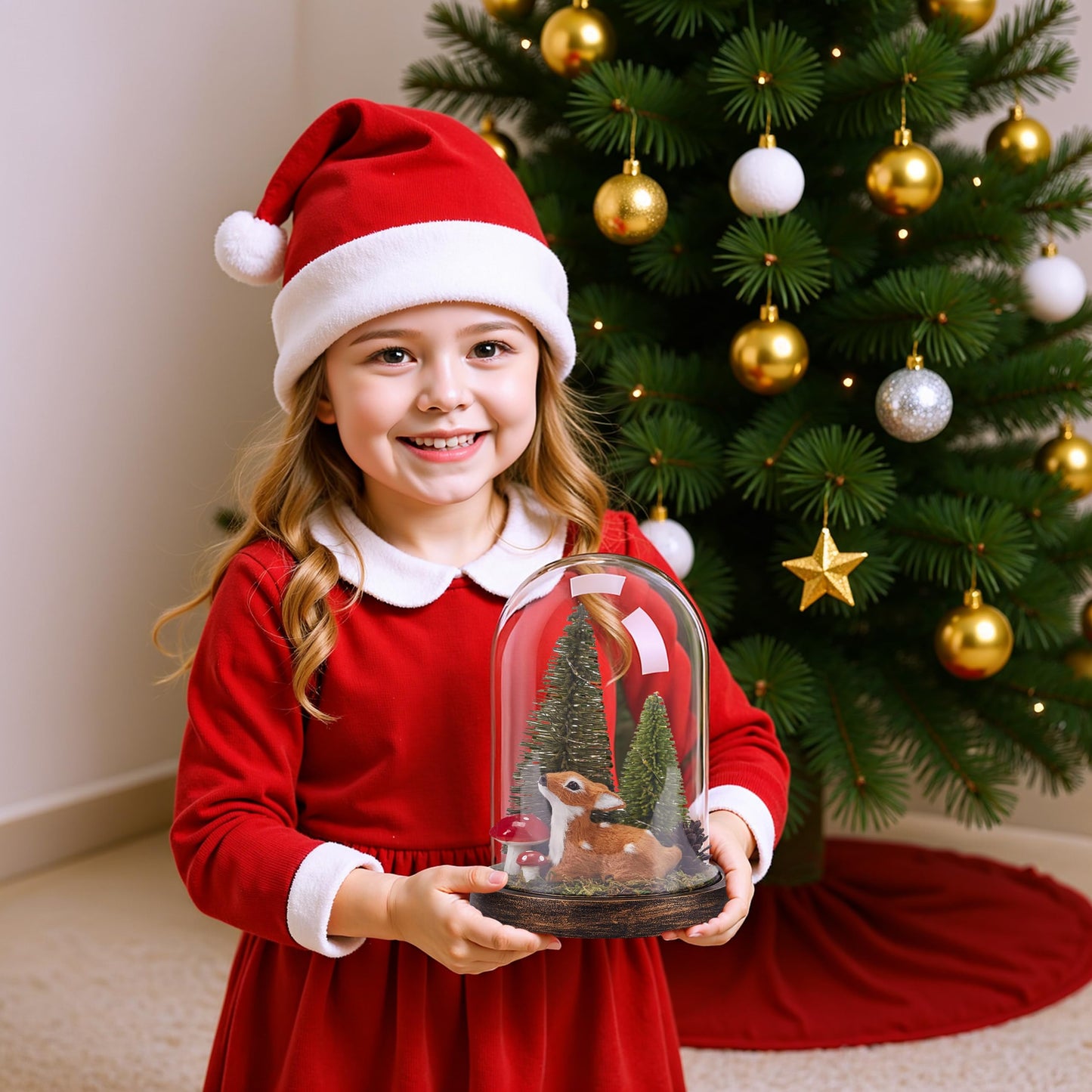 SunArtHome Christmas Decorations Indoor, Light Up Christmas Decor, Christmas Tree, Deer, Mushroom in Plastic Dome Cloche, Miniature Decor for Holiday Party Family Table Decoration