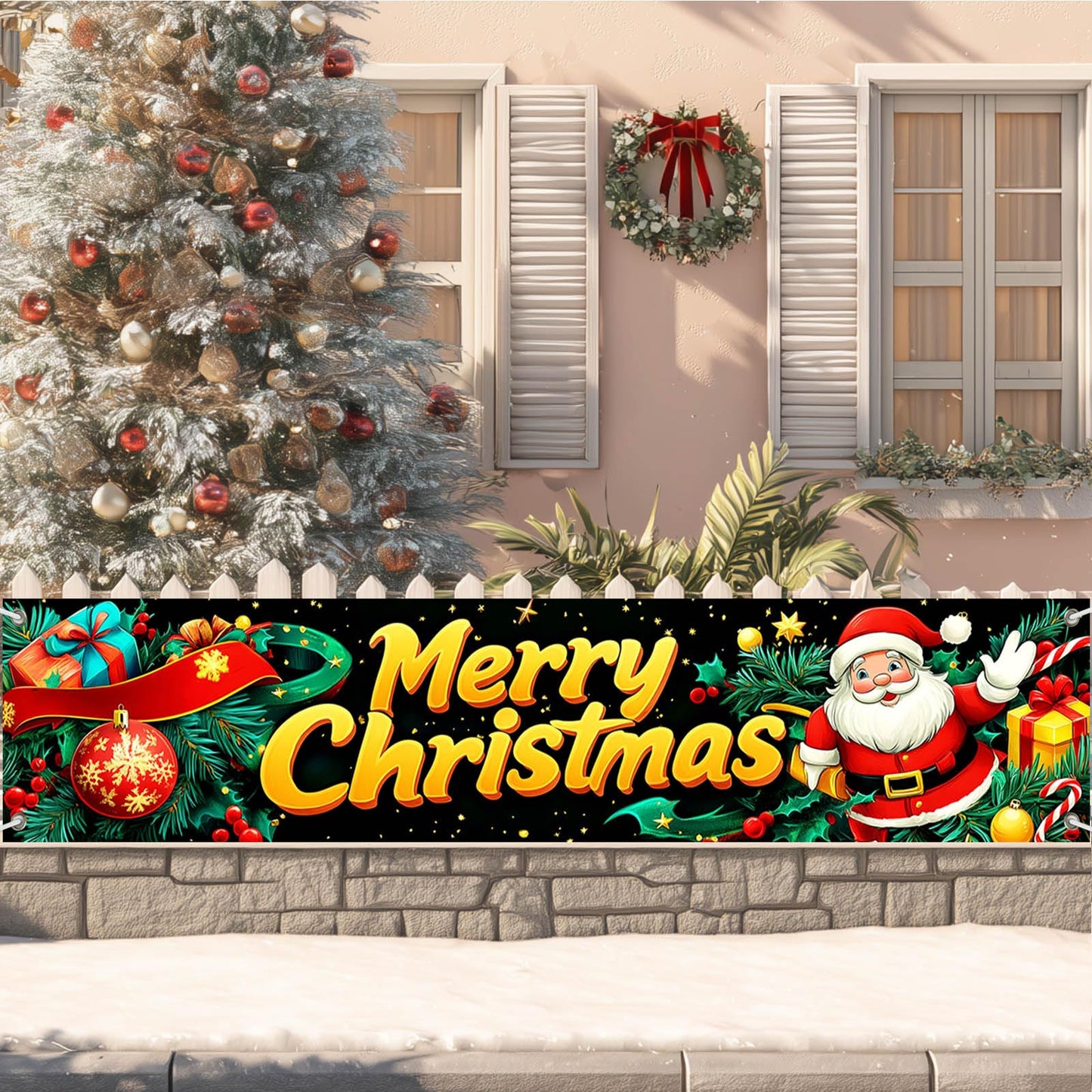 BlissYard Merry Christmas Banner Santa Gift Ribbon Decor Backdrop 78x17 Inches Festive Holiday Party Wall Decor Outdoor Indoor Welcome Banner Wall Hanging for Party Decoration Supplies