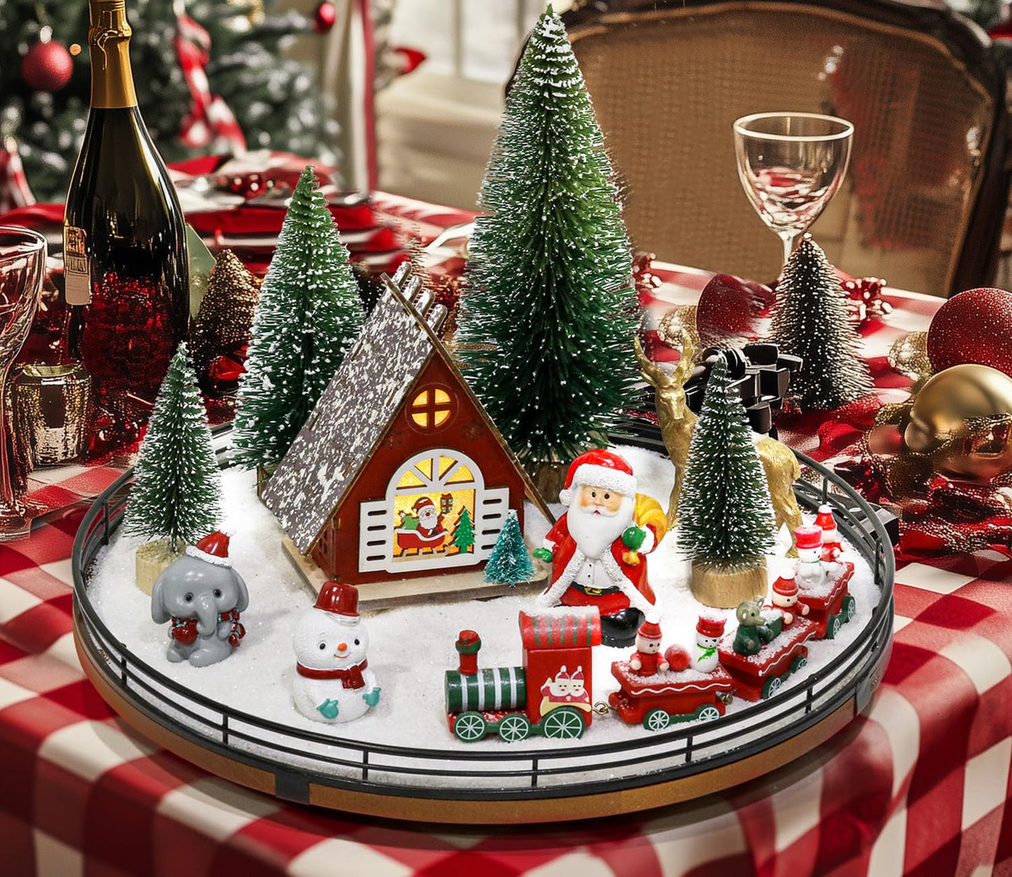 AMH 12 PCS Christmas Table Decorations Set with Oak Rotating Base – Xmas Town Village Centerpiece with Santa, Train, House, Trees & Figurines, Tabletop Decorations for Holiday Dining & Coffee Tables