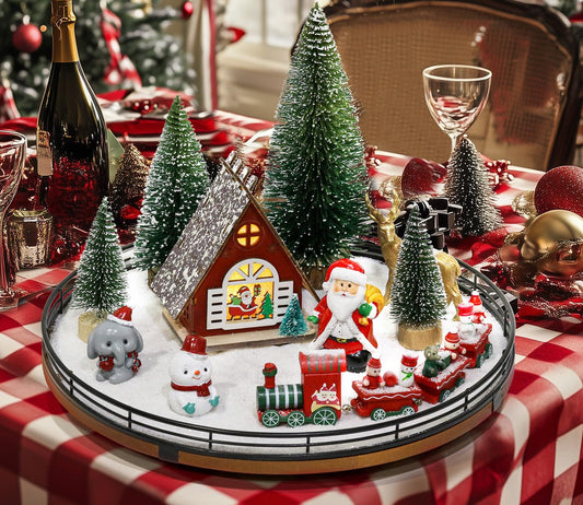 AMH 12 PCS Christmas Table Decorations Set with Oak Rotating Base – Xmas Town Village Centerpiece with Santa, Train, House, Trees & Figurines, Tabletop Decorations for Holiday Dining & Coffee Tables